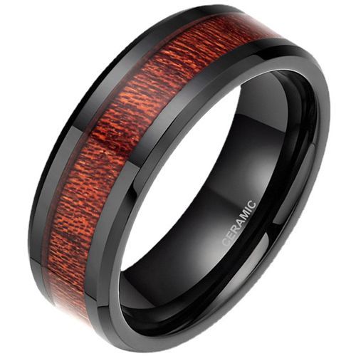 (Wholesale)Black Ceramic Ring With Koa Wood-9331