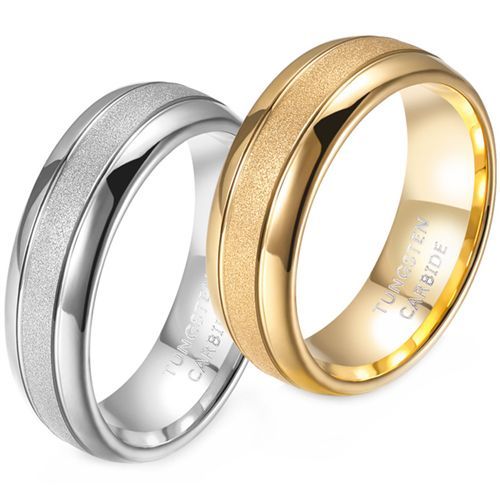 (Wholesale)Tungsten Carbide Gold Tone/Silver Double Grooves Sandblasted Ring-9333