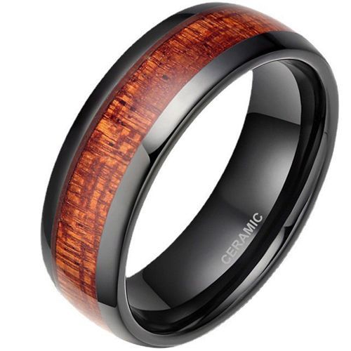 (Wholesale)Black Ceramic Ring With Koa Wood-9336