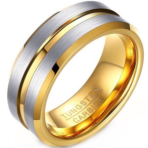 (Wholesale)Tungsten Carbide Gold Tone Silver Center Groove Ring-9338