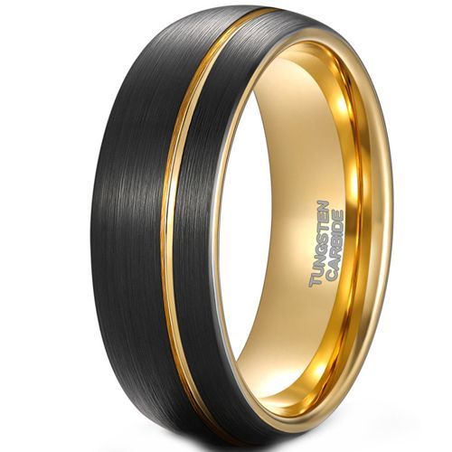 (Wholesale)Tungsten Carbide Black Gold Tone Offset Groove Ring-9339