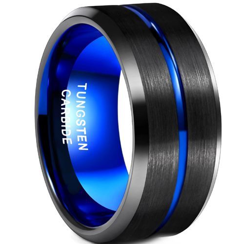 (Wholesale)Tungsten Carbide Black Blue 12mm Center Groove Beveled Edges Ring-9345