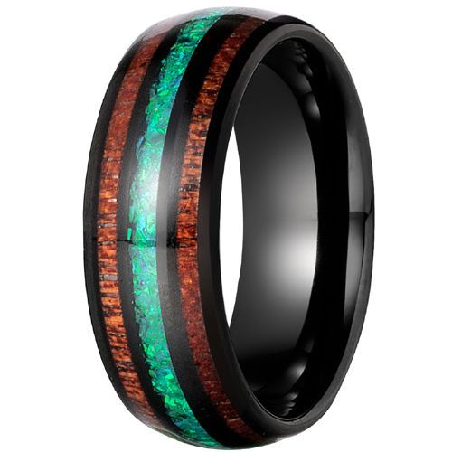 (Wholesale)Black Tungsten Carbide Koa Wood & Crushed Opal Ring-9356