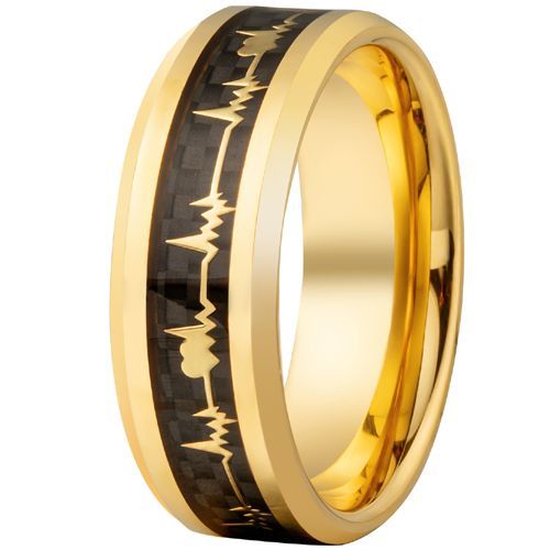 (Wholesale)Gold Tone Tungsten Carbide Heartbeat Ring With Carbon Fiber-9358