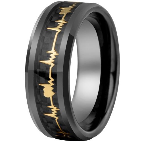 (Wholesale)Tungsten Carbide Black Gold Tone Heartbeat Ring With Carbon Fiber-9359