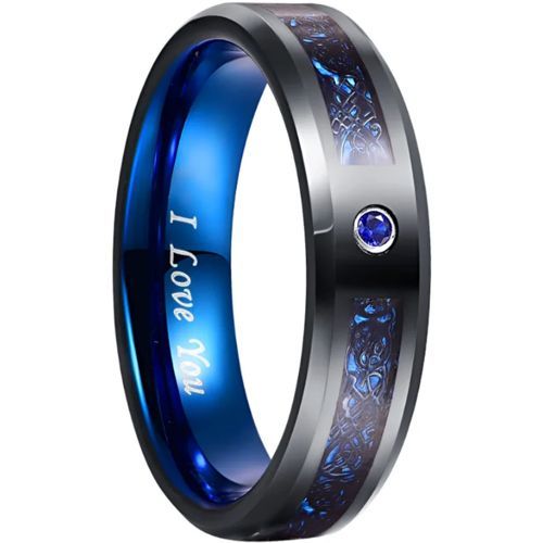 (Wholesale)Tungsten Carbide Black Blue Dragon Ring With Created Blue Sapphire-9366