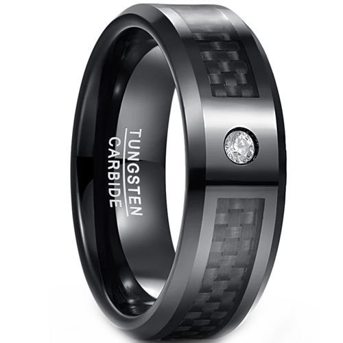 (Wholesale)Black Tungsten Carbide Carbon Fiber Ring With Cubic Zirconia-9387