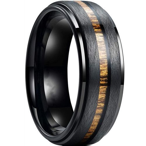 (Wholesale)Black Tungsten Carbide Step Edges Ring With Koa Wood-9733