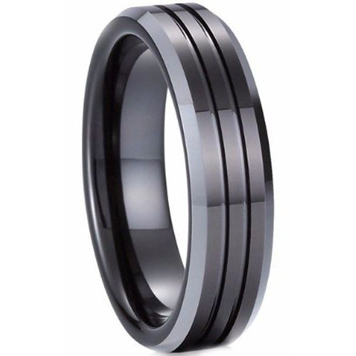 (Wholesale)Tungsten Carbide Black Silver Double Groove Ring-9736