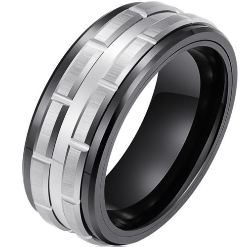 (Wholesale)Tungsten Carbide Black Silver Tire Tread Ring-9739