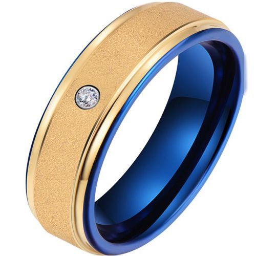 (Wholesale)Tungsten Carbide Blue Gold Tone Ring With Cubic Zirconia-9741