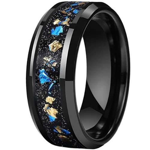 (Wholesale)Black Tungsten Carbide Ring With Meteorite & Crushed Opal-9836