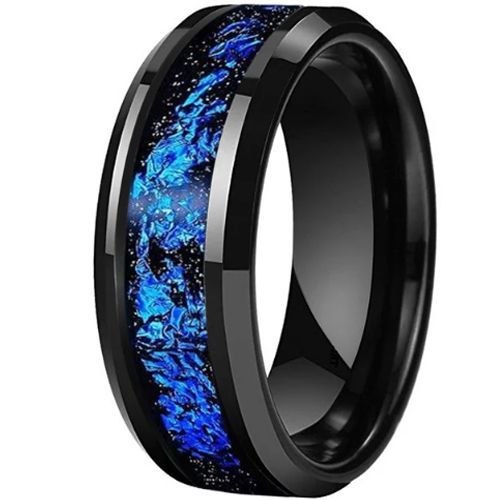 (Wholesale)Black Tungsten Carbide Ring With Meteorite & Blue Foil-9839