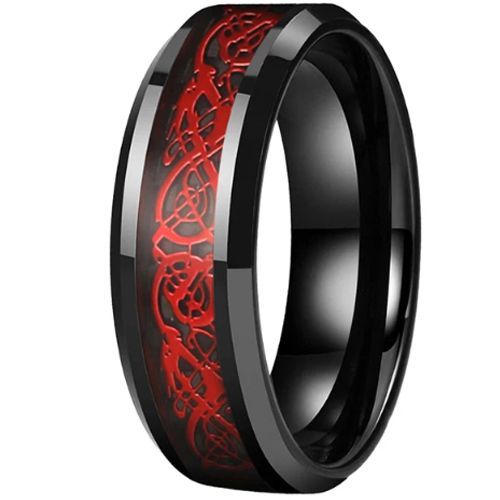 (Wholesale)Tungsten Carbide Green Black Red Dragon Beveled Edges Ring-9850