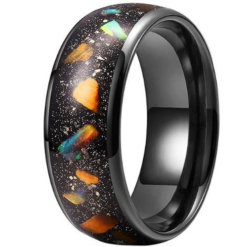 (Wholesale)Black Tungsten Carbide Ring With Meteorite & Abalone Shell-9857