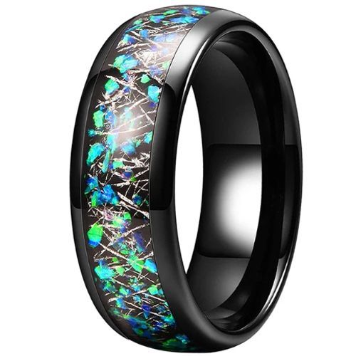 (Wholesale)Black Tungsten Carbide Ring With Meteorite & Crushed Opal-9859