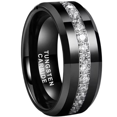 (Wholesale)Black Tungsten Carbide Ring With Cubic Zirconia-9860