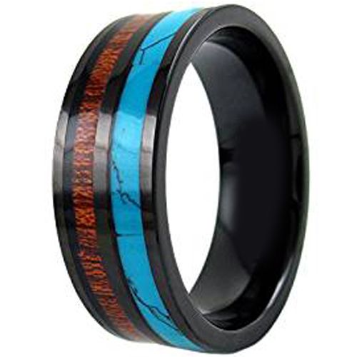 (Wholesale)Black Tungsten Carbide Wood & Imitate Turquoise Ring-