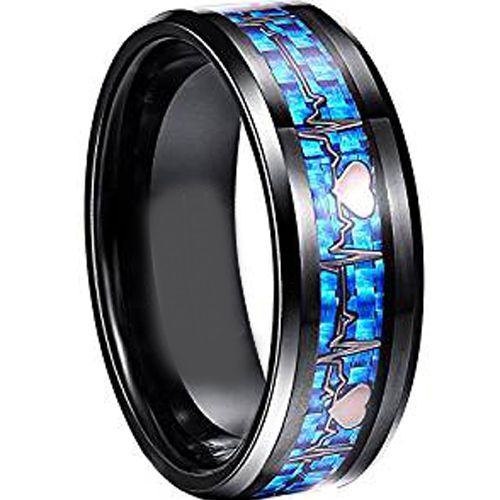 (Wholesale)Black Tungsten Carbide Heartbeat Carbon Fiber Ring - 