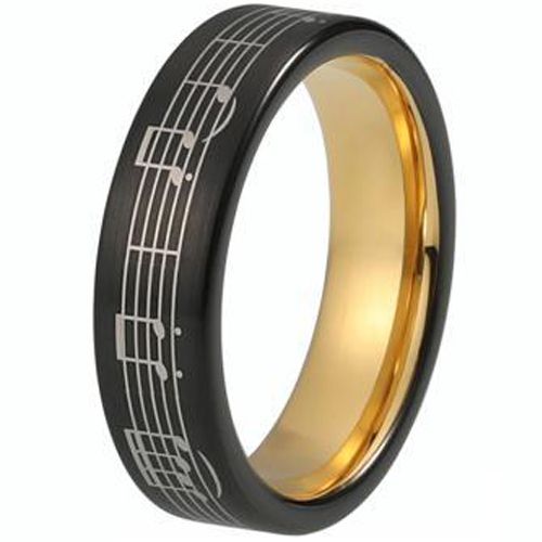 (Wholesale)Tungsten Carbide Gold Black Music Note Ring-2983AA