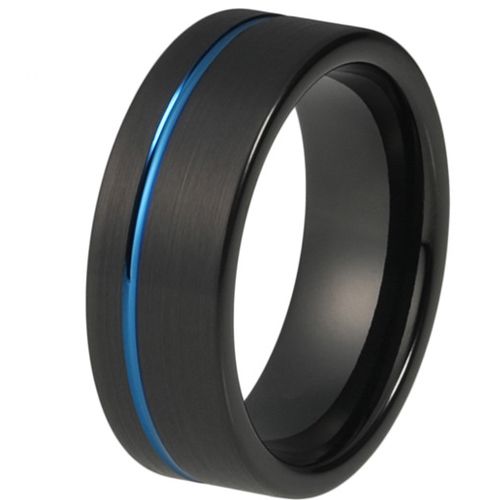 (Wholesale)Tungsten Carbide Black Blue Offset Groove Ring-4196AA