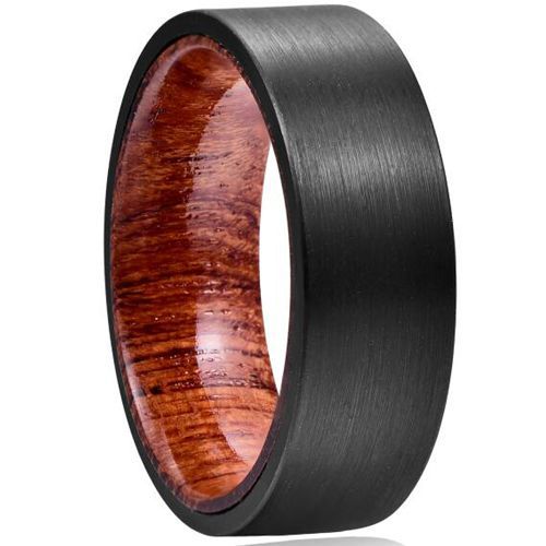 (Wholesale)Black Tungsten Carbide Pipe Cut Flat Ring With Wood-TG5041