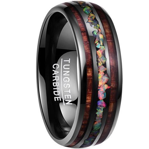 (Wholesale)Black Tungsten Carbide Ring With Crushed Opal & Koa Wood-TG5073