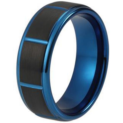 (Wholesale)Tungsten Carbide Black Blue Vertical Groove Ring-733A
