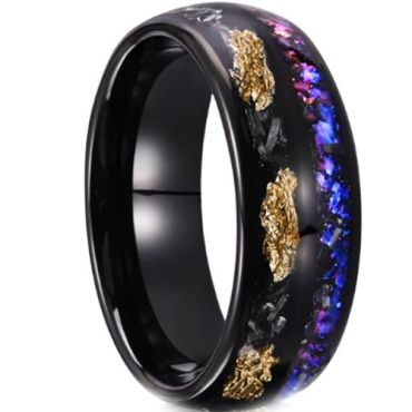 (Wholesale)Black Tungsten Carbide Meteorite Crushed Opal Ring With Gold Foil-00217