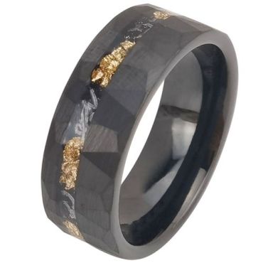 (Wholesale)Black Tungsten Carbide Faceted Ring With Meteorite & Gold Foil-00437