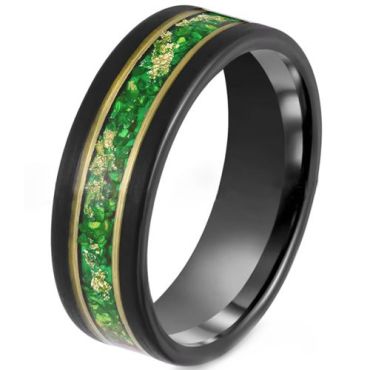(Wholesale)Tungsten Carbide Black Gold Tone Created Green Emerald & Gold Foil Ring-00510