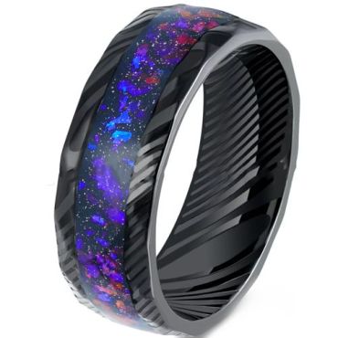 (Wholesale)Black Tungsten Carbide Damascus Ring With Crushed Opal-00514