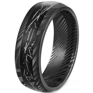(Wholesale)Black Tungsten Carbide Damascus Ring With Meteorite-00521