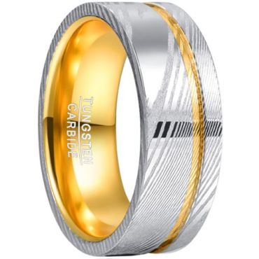 (Wholesale)Tungsten Carbide Gold Tone Silver Offset Groove Damascus Ring-00538