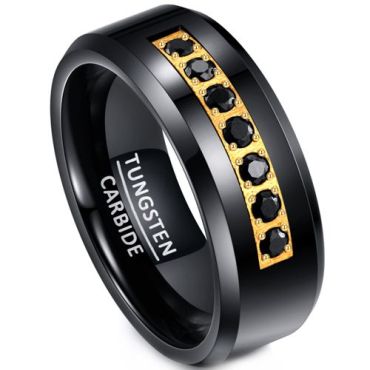 (Wholesale)Tungsten Carbide Black Gold Tone Ring With Cubic Zirconia-00540