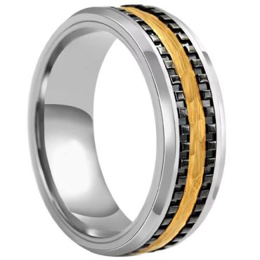 (Wholesale)Tungsten Carbide Black Gold Tone Tire Tread Ring-00703