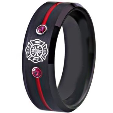 (Wholesale)Tungsten Carbide Black Red Firefighter Created Red Ruby Ring-00704