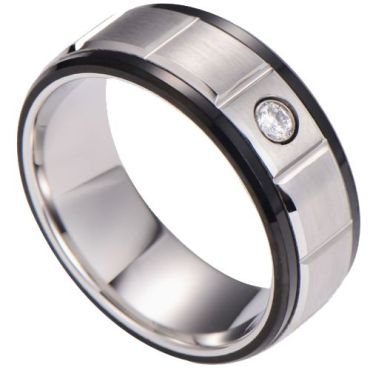 (Wholesale)Tungsten Carbide Black Silver Ring With Cubic Zirconia-00733