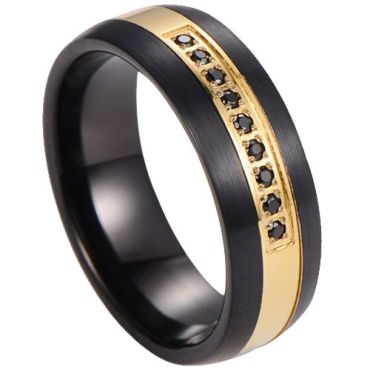 (Wholesale)Tungsten Carbide Black Gold Tone Ring With Cubic Zirconia-00768