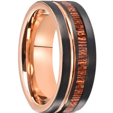 (Wholesale)Tungsten Carbide Black Gold Tone Ring With Koa Wood-00785