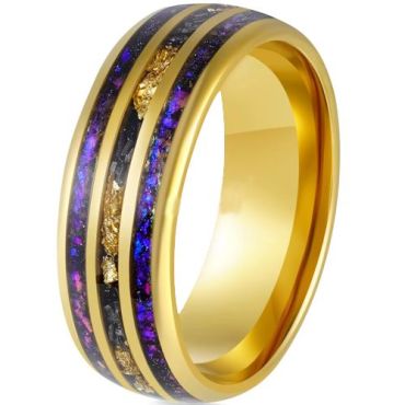 (Wholesale)Gold Tone Tungsten Carbide Meteorite Gold Foil Crushed Opal Dome Court Ring-00798