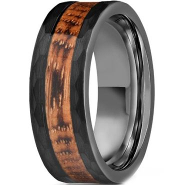 (Wholesale)Black Tungsten Carbide Faceted Ring With Wood-01024