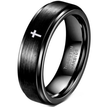 (Wholesale)Black Tungsten Carbide Ring With Cross-01089