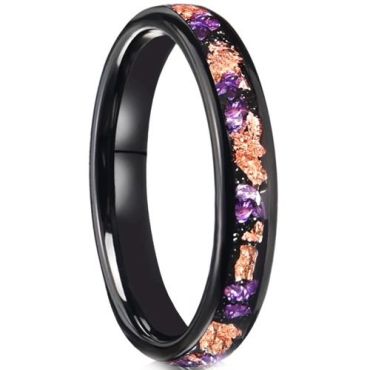 (Wholesale)Black Tungsten Carbide Ring With Purple Amethyst & Gold Foil-01193