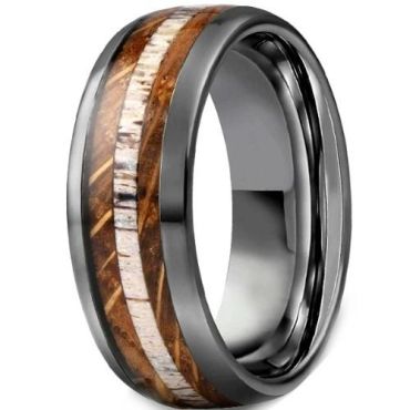 (Wholesale)Black Tungsten Carbide Deer Antler & Koa Wood Ring-01207