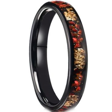 (Wholesale)black Tungsten Carbide Dome Court Ring With Created Red Ruby & Gold Foil-01208