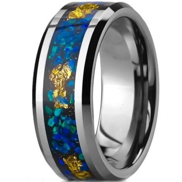 (Wholesale)Tungsten Carbide Beveled Edges Ring  With Crushed Opal & Gold Foil-01412