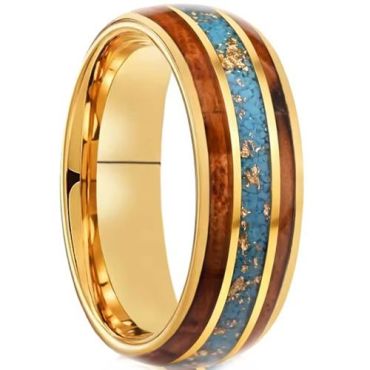 (Wholesale)Gold Tone Tungsten Carbide Gold Foil Ring With Turquoise & Wood-01438