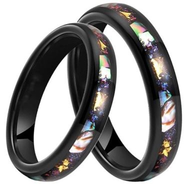 (Wholesale)Black Tungsten Carbide Ring With Meteorite Abalone Shell & Gold Foil-01439
