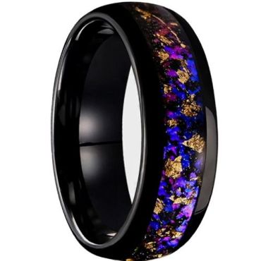 (Wholesale)Black Tungsten Carbide Ring With Meteorite & Gold Foil-01541